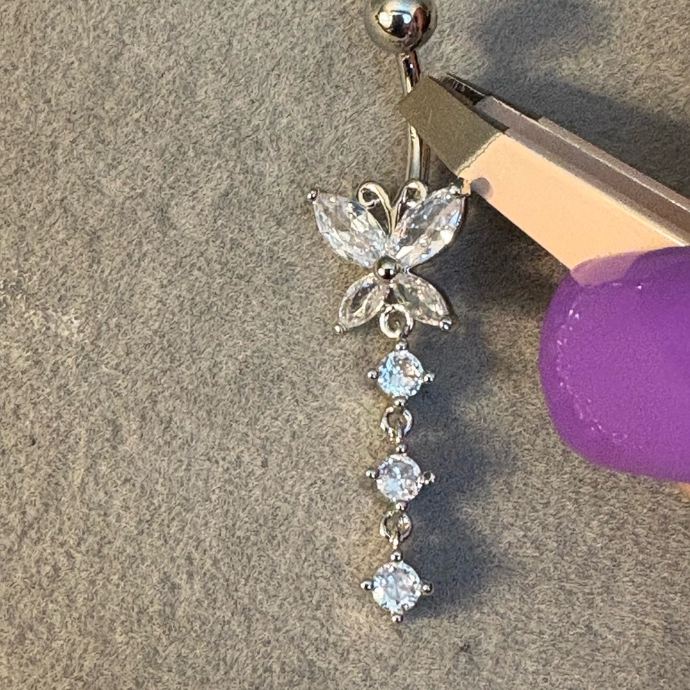 Belly Ring- Stainless Steel Gold Tone Navel Ring With Cubic Zirconia, Flower